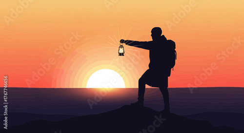 A Silhouette Hiker Shining a Lantern Against the Sunset Sky