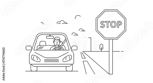 A Simple Illustration of A Driver Pausing At A Stop Sign Before Continuing Down The Road