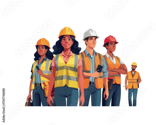 Construction Crew's Spirit: A diverse group of dedicated construction workers, clad in safety attire, stands shoulder-to-shoulder, radiating confidence and professionalism.