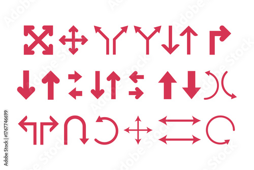 A set of simple, flat, red arrows in various directions and shapes. Perfect icon pack for website navigation, user interface, and infographic design.