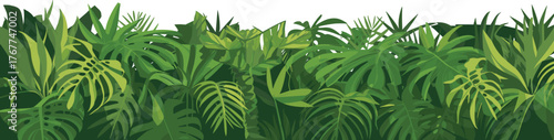 Lush Vector Border of Green Tropical Foliage and Exotic Jungle Plants