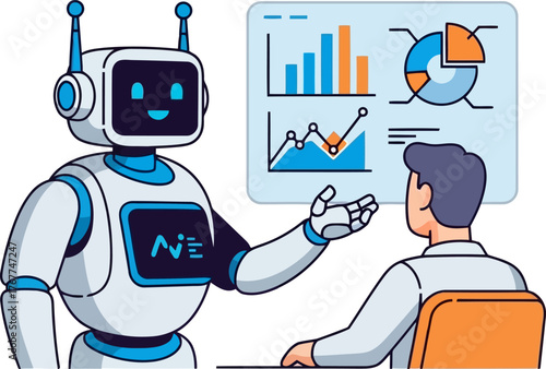 A robot presenting data to a person, artificial intelligence is changing the way we analyze information