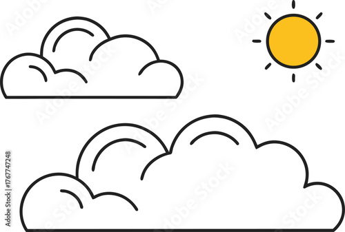 A vibrant vector icon set illustrates the daily weather forecast with symbols for sun, clouds, rain, and rainbow