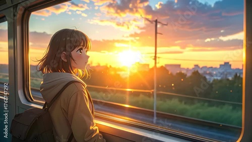 Anime Girl Standing by a Train Window Watching the Sunrise, Warm Golden Light Flooding the Carriage