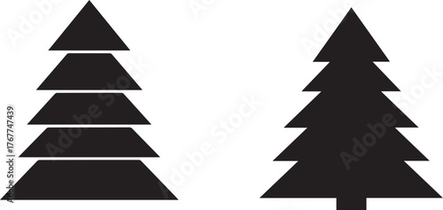 Two black silhouette christmas trees one layered and one jagged on white background vector