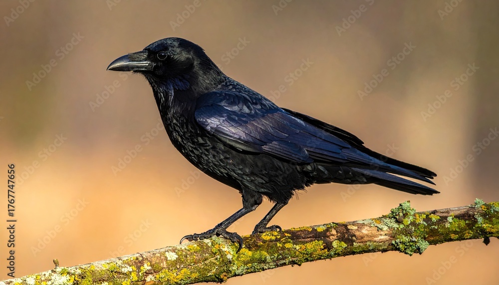 Obraz premium Detailed Portrait of a Black Plumage Raven Perched on Mossy Branch Against Blurred Brown and Beige Background in Natural Daylight