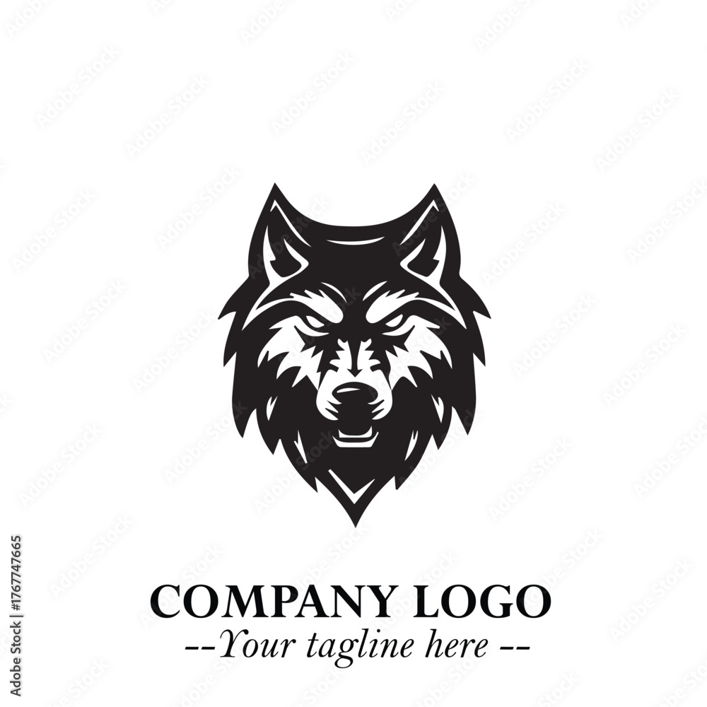 Fototapeta premium Fierce Head of Wolf Logo Symbol in Black on White Background with Bold Minimalist Modern Design