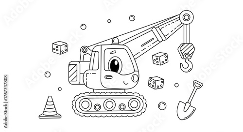 Whimsical outline cartoon crane with playful construction themed design elements and joyful