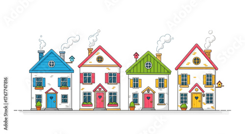 Whimsical Neighborhood: A Row of Cartoon Houses with Colorful Roofs and Heart Details