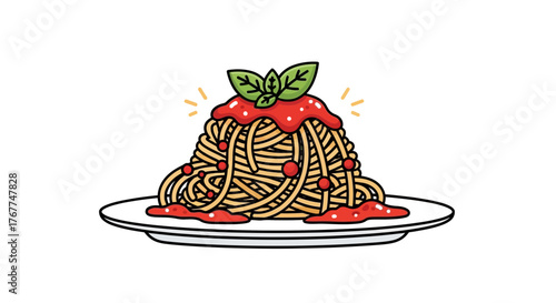 Whimsical pasta illustration with vibrant tomato sauce and fresh basil garnish detail