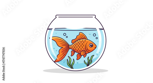 Whimsical portrayal of a goldfish inside a glass bowl with blue water and seaweed elements