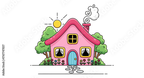Whimsical pink house with sunlight, flourishing garden, and smoking chimney illustration