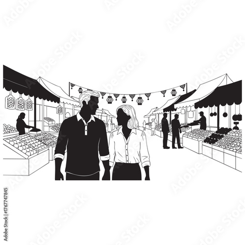 Busy Outdoor Market Scene - Shoppers and Stalls Silhouette