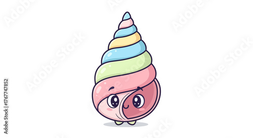 Whimsical seashell character with pastel hues radiating joy and playful innocence with a marine