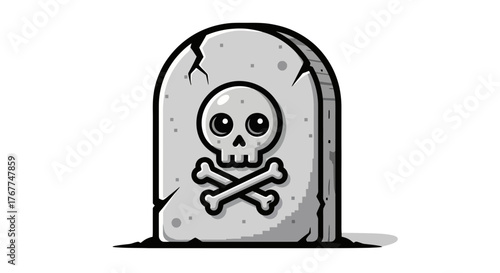 Whimsical skull on a cracked tombstone, perfect for lighthearted Halloween themed materials or