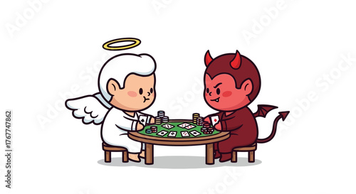 Whimsical showdown: Cartoon angel and devil face off in an intense poker game