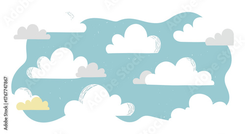 Whimsical sky adorned with fluffy cartoon clouds creates a dreamy atmosphere for children