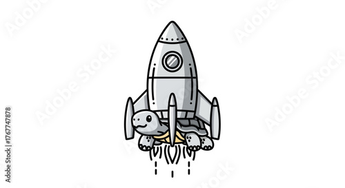 Whimsical turtle astronaut launching into space, representing slow and steady journey toward dreams