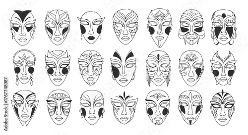 Collection of unique tribal masks with intricate designs and patterns displayed
