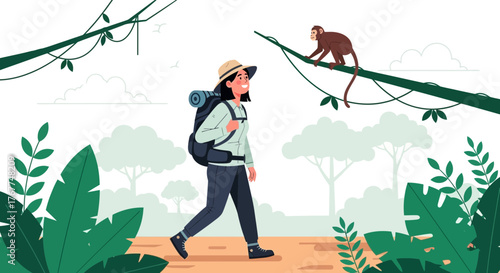 Adventure Seeker Explores Lush Jungle with Monkey Finding Natural Harmony in Nature