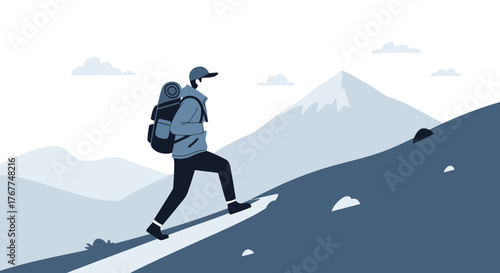 Adventurer Ascends Mountain Representing Determination and Overcoming Challenges