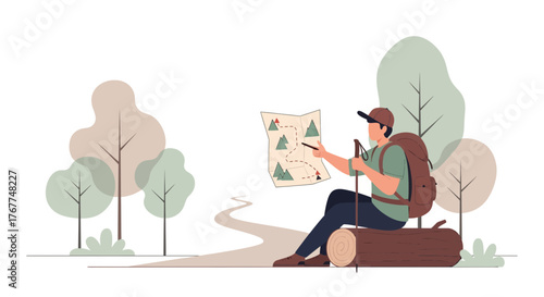 Adventurer Analyzing Trail Map During A Hike Through Wild Natural Landscapes