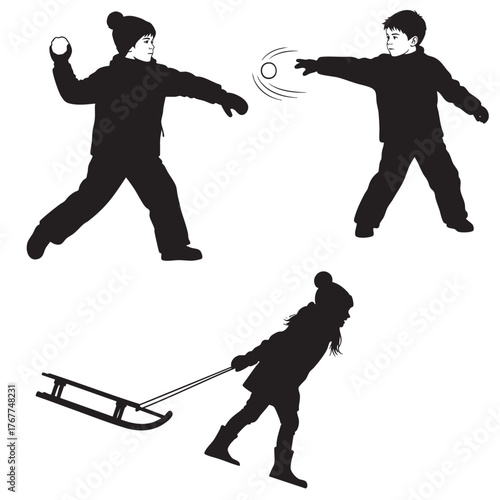 Children Playing in Snow - Snowball Fight and Sledding Silhouettes