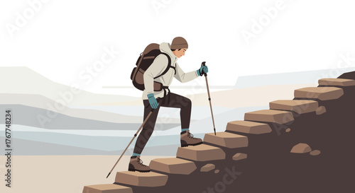 Adventurer Ascends Mountain Steps Under Pale Sky Reaching Highest Point Visualization