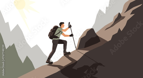 Adventurer Ascends Rocky Mountain Terrain With Hiking Sticks Towards Sun