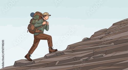 Adventurer Ascends Rocky Terrain Against Cloudy Sky, Striving Against Challenges, Vector