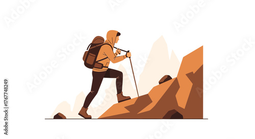 Adventurer Ascends Rocky Terrain Towards A Distant Peak Under A Glorious Sunlight