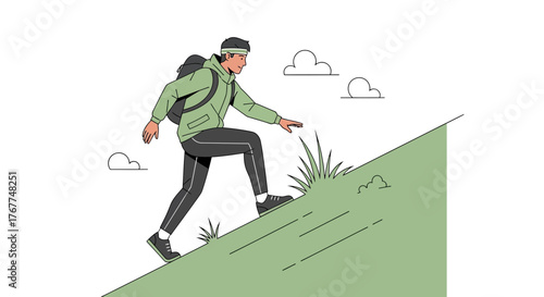 Adventurer Ascending A Hill, Depicting Exploration, Nature, And Physical Activity Outdoors