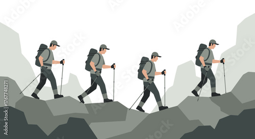 Adventurer Ascends Rocky Terrain with Pole Support Towards Peak Exploration