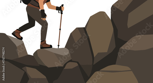 Adventurer Ascends Rocky Terrain with Trekking Pole to Reach the Top Successfully