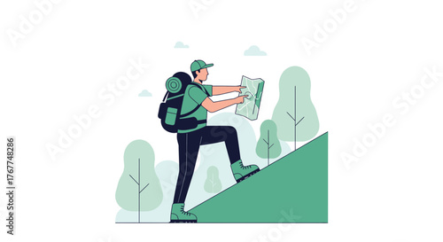 Adventurer Ascending A Hillside, Studying A Map In The Exploration Of Nature