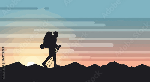 Adventurer Ascends Silhouette Mountains Under A Colorful Sunset Sky And The Trekking Journey