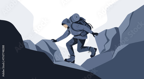 Adventurer Ascends Rugged Terrain: Exploring New Heights With Hiking Gear And Backpack