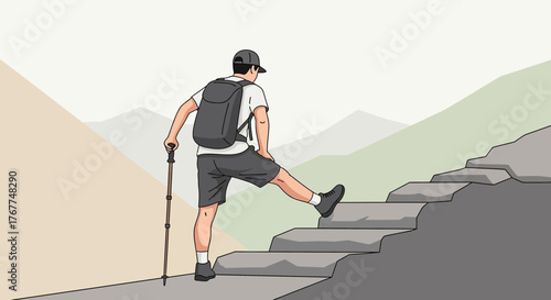 Adventurer Ascends Stone Steps Overlooking a Mountainous Landscape in Illustration