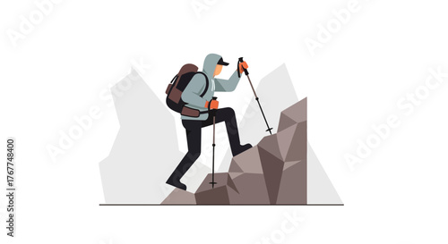 Adventurer Ascending A Rocky Terrain With Hiking Staffs And Rugged Mountain Background