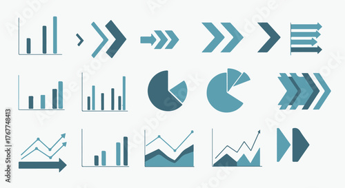 Collection of modern flat design infographic icons and elements representing data visualization charts graphs and directional arrows for business analytics and presentation design