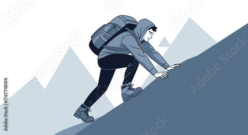 Adventurer Ascending A Steep Mountain Slope With Determination And Resolve