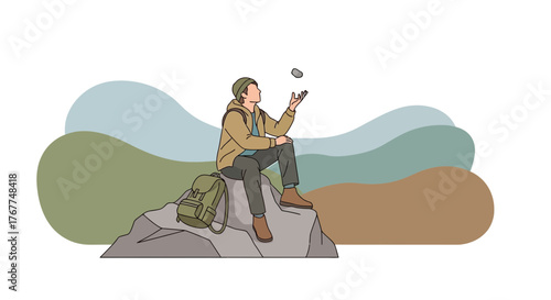 Adventurer Contemplating Nature While Outdoors During A Hike With Backpack At Hand