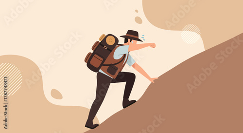 Adventurer Ascending A Steep Slope, Exhausted But Determined To Reach The Summit