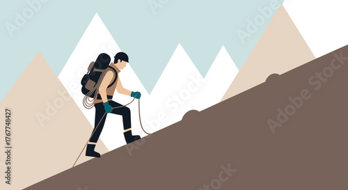 Adventurer Ascending A Steep Slope Towards Imposing Peaks in Vibrant Minimalism