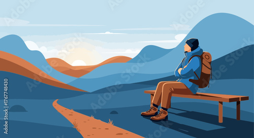 Adventurer Contemplating Peaceful Scenery and Relaxing While Resting in the Wilderness