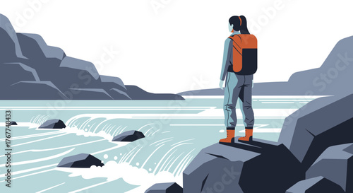 Adventurer Contemplating Serene Landscape Overlooking Rushing Waters And Majestic Mountains