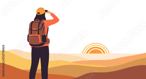 Adventurer Contemplating Vivid Scene During Exploration, Witnessing Desert Sunrise Panorama Scene