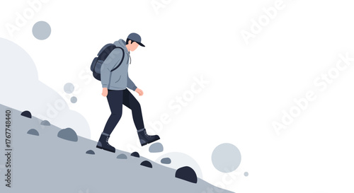 Adventurer Descending A Steep Slope In A Minimalist Illustration Concept