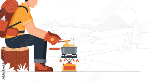 Adventurer Cooking Noodles In the Wilderness Ready To Enjoy Their Delicious Meal