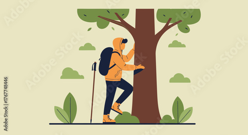 Adventurer Ascending A Tree Embarking On An Expedition Into The Wilderness Adventure